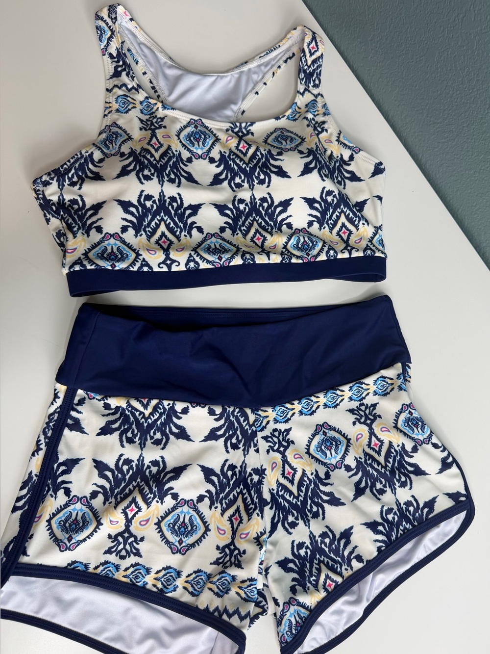 Aleumdr Women’s 3-Piece Athletic Tankini Swimsuit Set Cream & Blue • Size S•NWOT - Picture 4 of 11